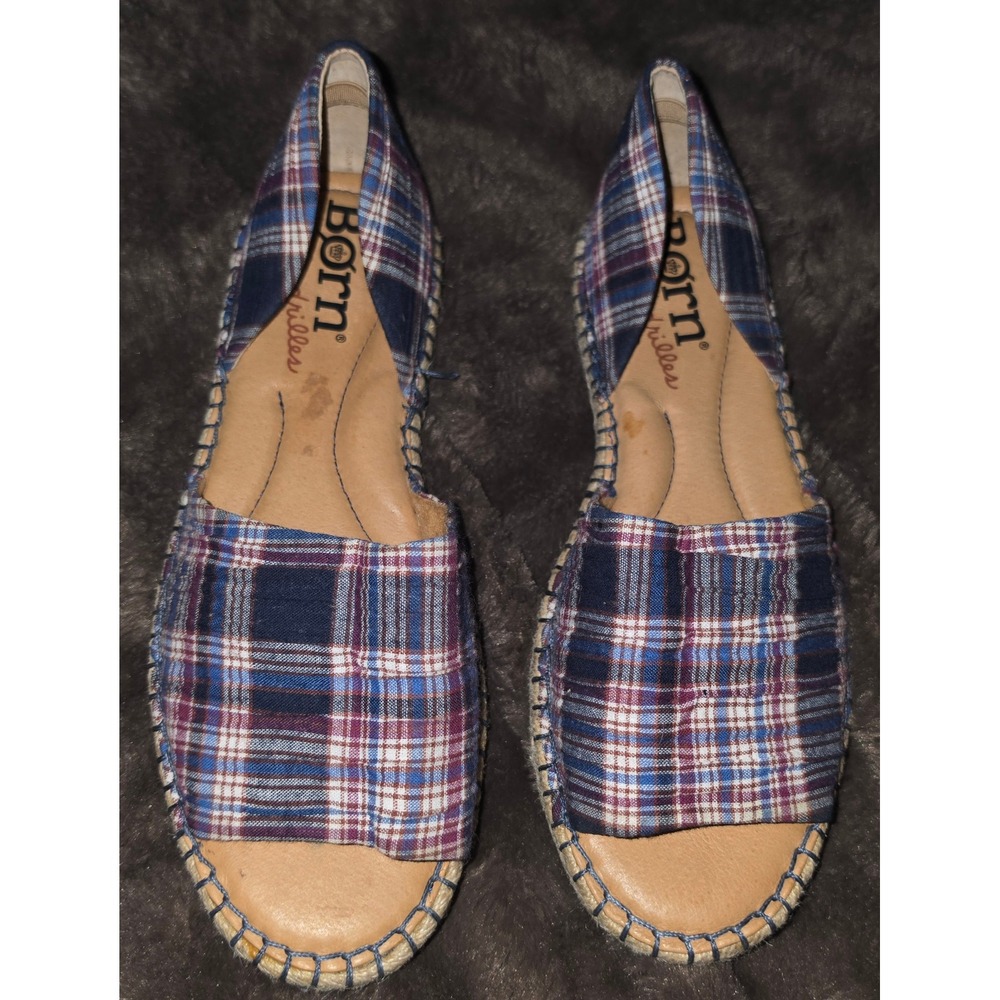 Born Drilles Blue Red Plaid Espadrille Flats Open Toe Sandals 6.5M